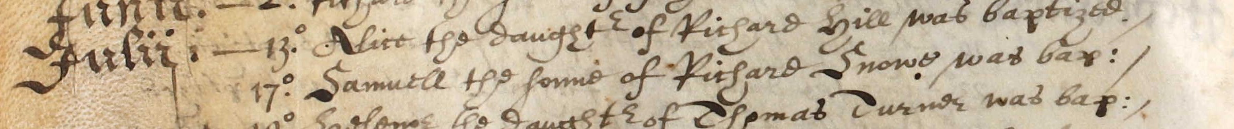 Baptismal record of Samuell Snowe