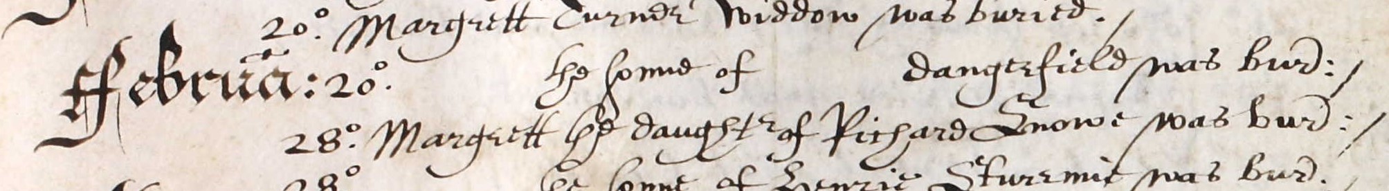 Burial record of Margrett Snowe