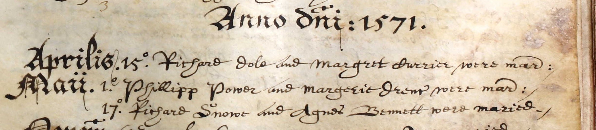 Marriage record of Richard Snowe and Agnes Bennett