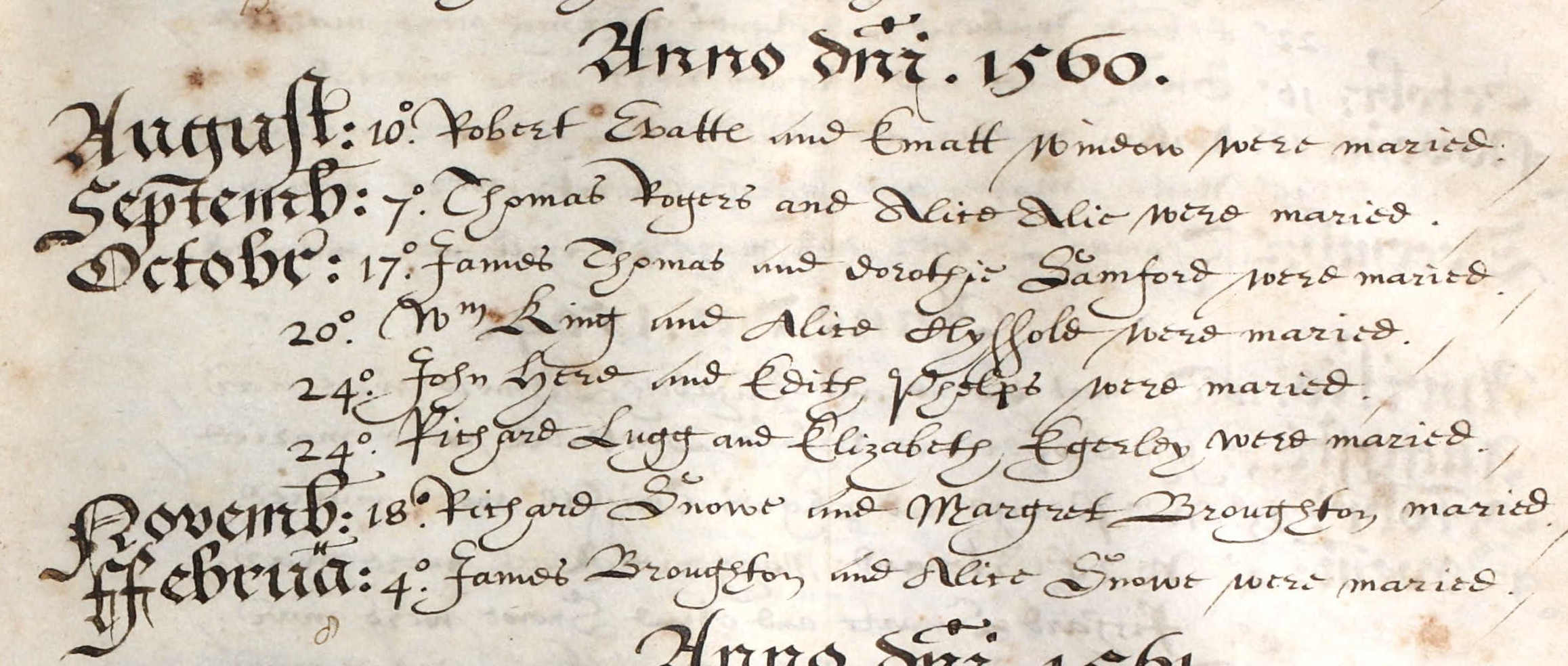 Marriage record of Richard Snowe and Margaret Broughton