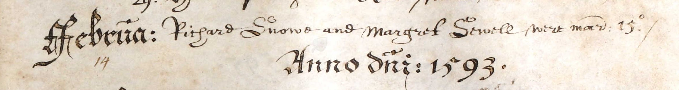 Marriage record of Richard Snowe and Margret Sewell