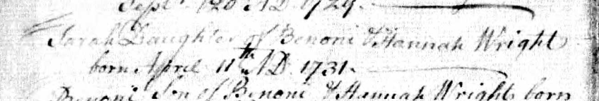 Birth record of Sarah Wright