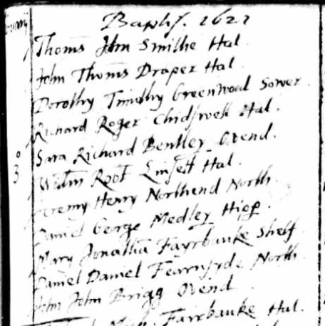 Baptismal records of Mary Fairbanks