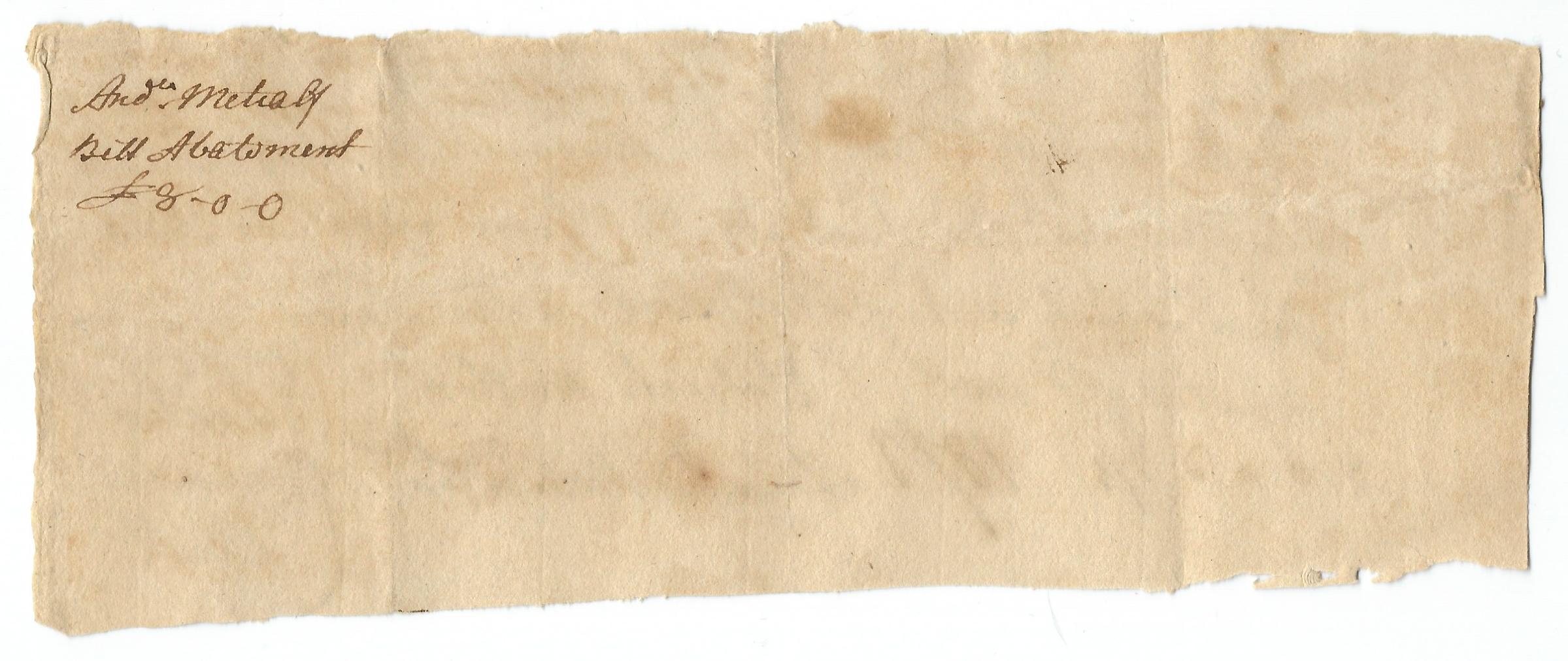 Back of receipt of abatement of taxes for Dr. Andrew Metcalf