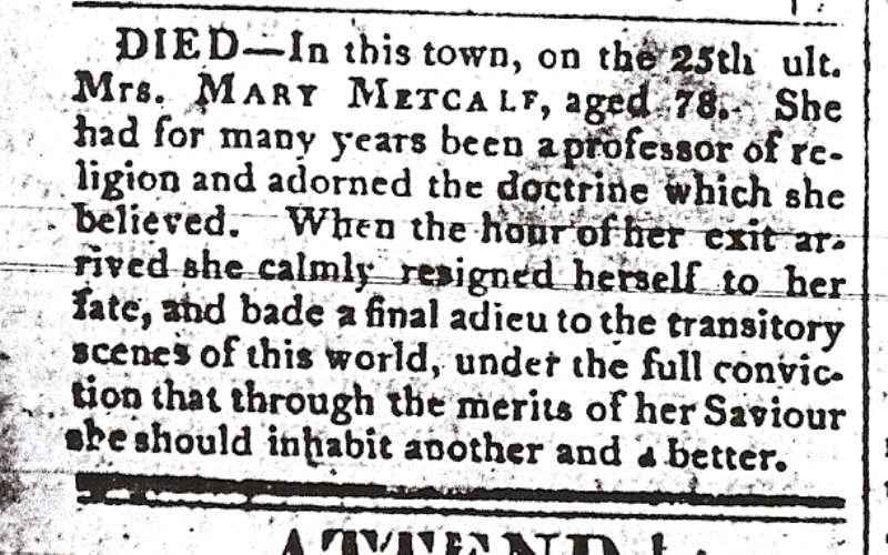 Obituary of Mrs. Mary Metcalf