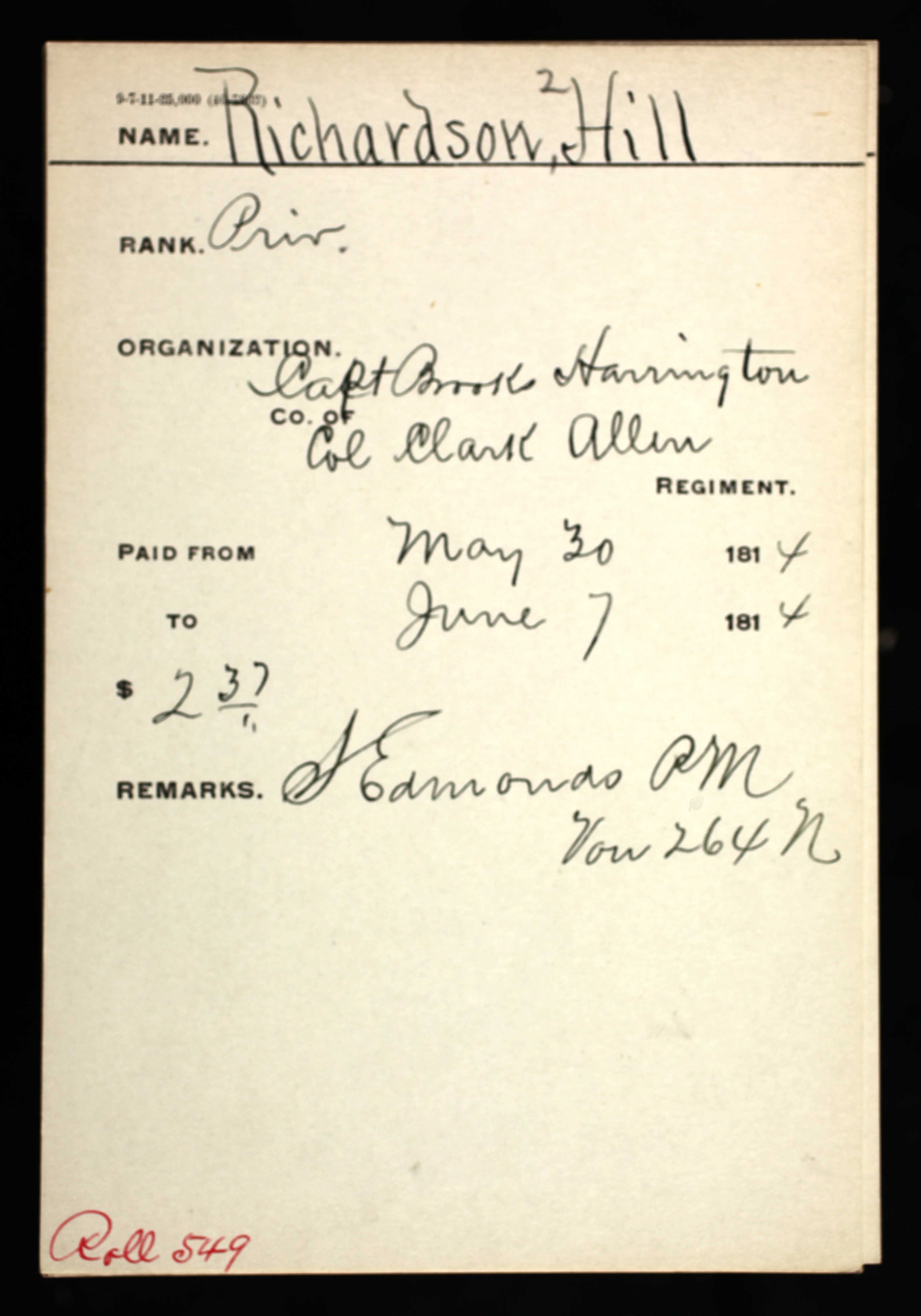 Payroll abstracts for Hill Richardson, dated 1814