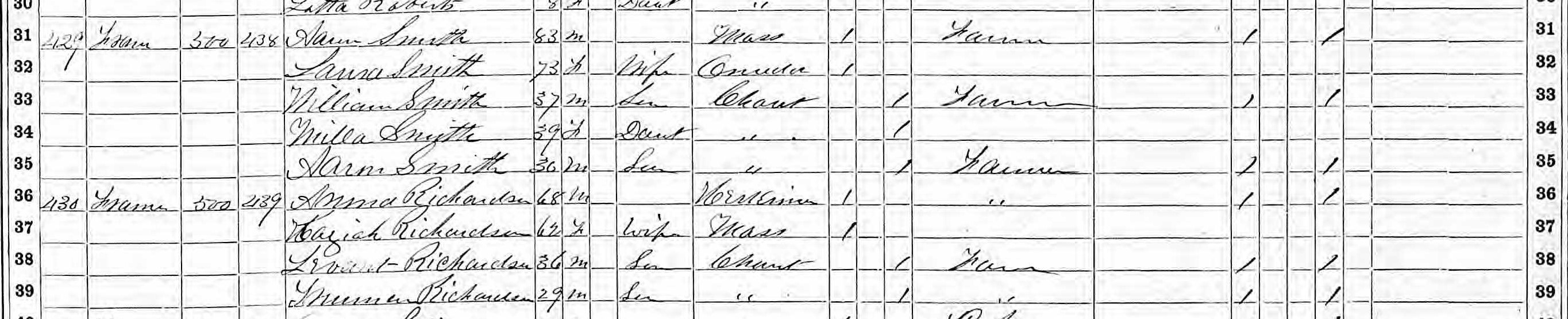 Aaron Smith and Aruna Richardson households in 1875