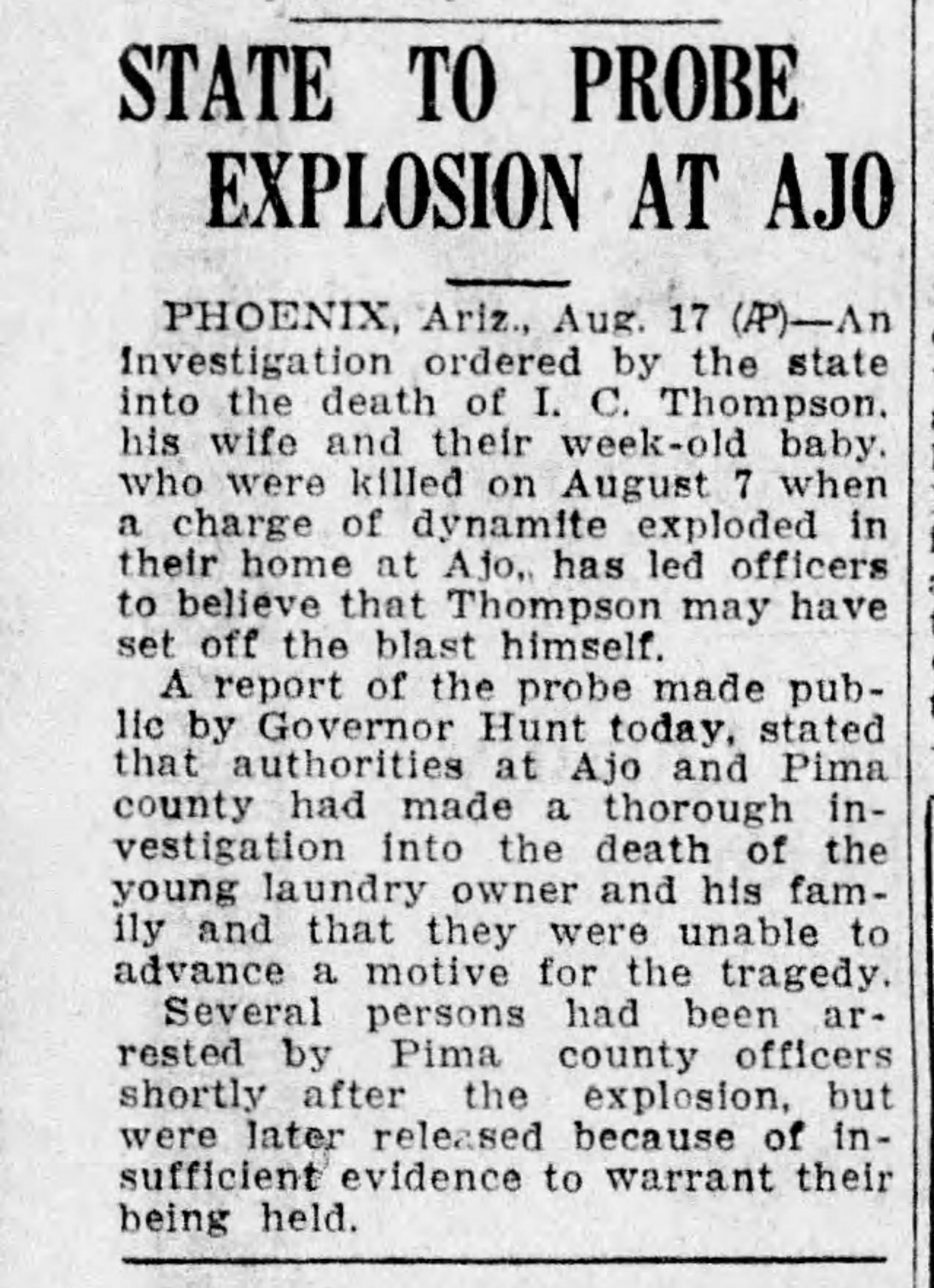 Article about state probe into the Thompson murders, including the arrest of multiple suspects and the possibility that I. C. Thompson set off the blast himself