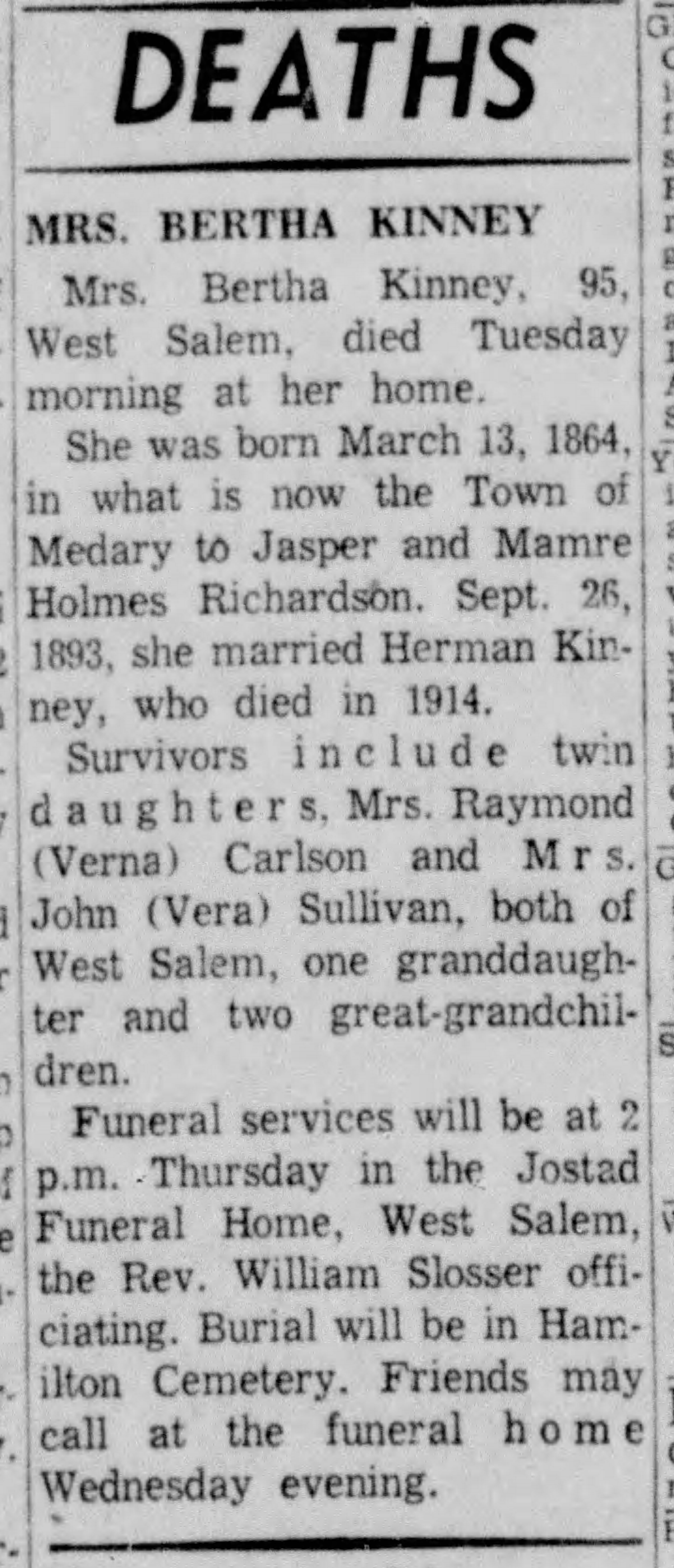 Obituary of Mrs. Bertha Kinney