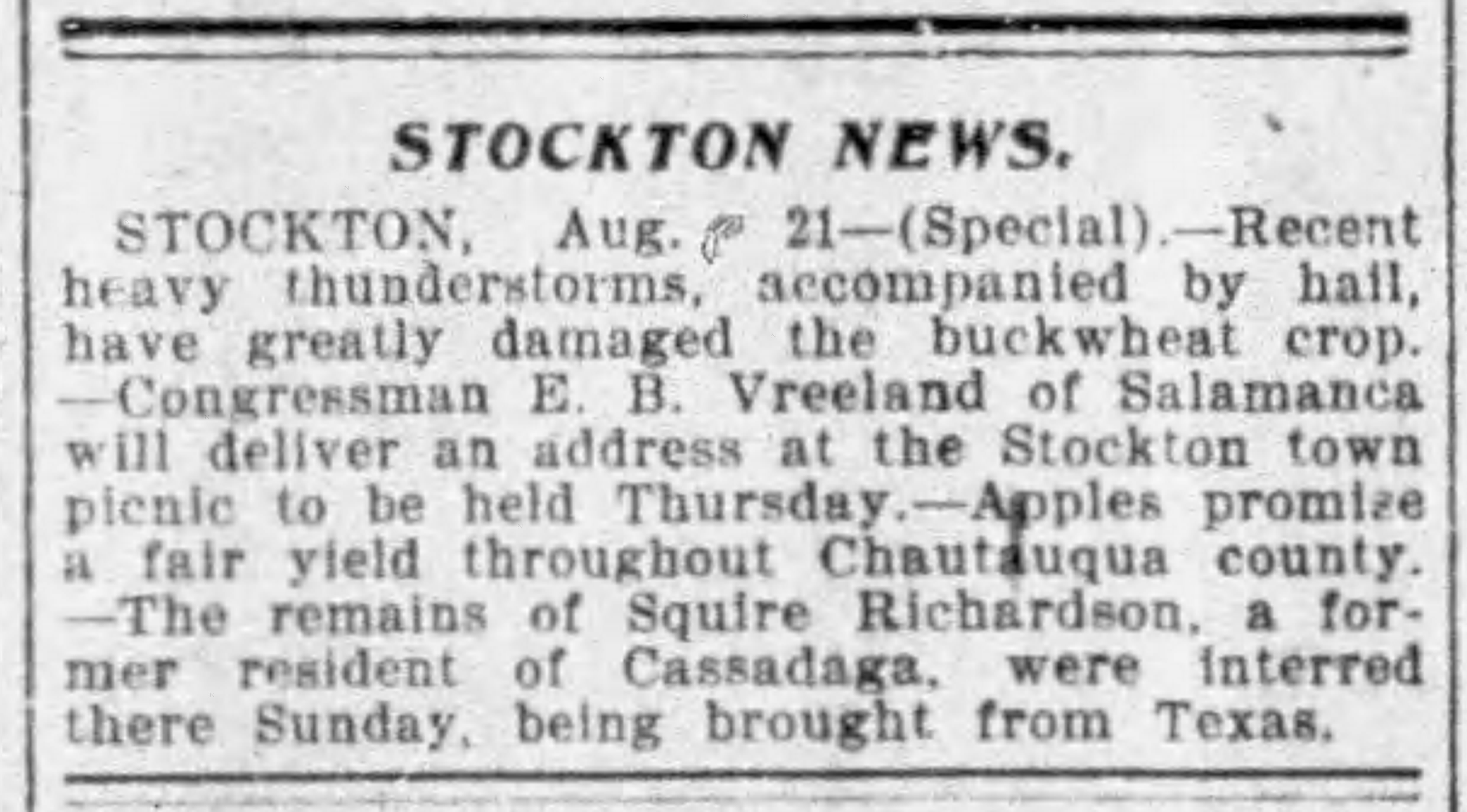 News items from Stockton, New York, including Squire's burial
