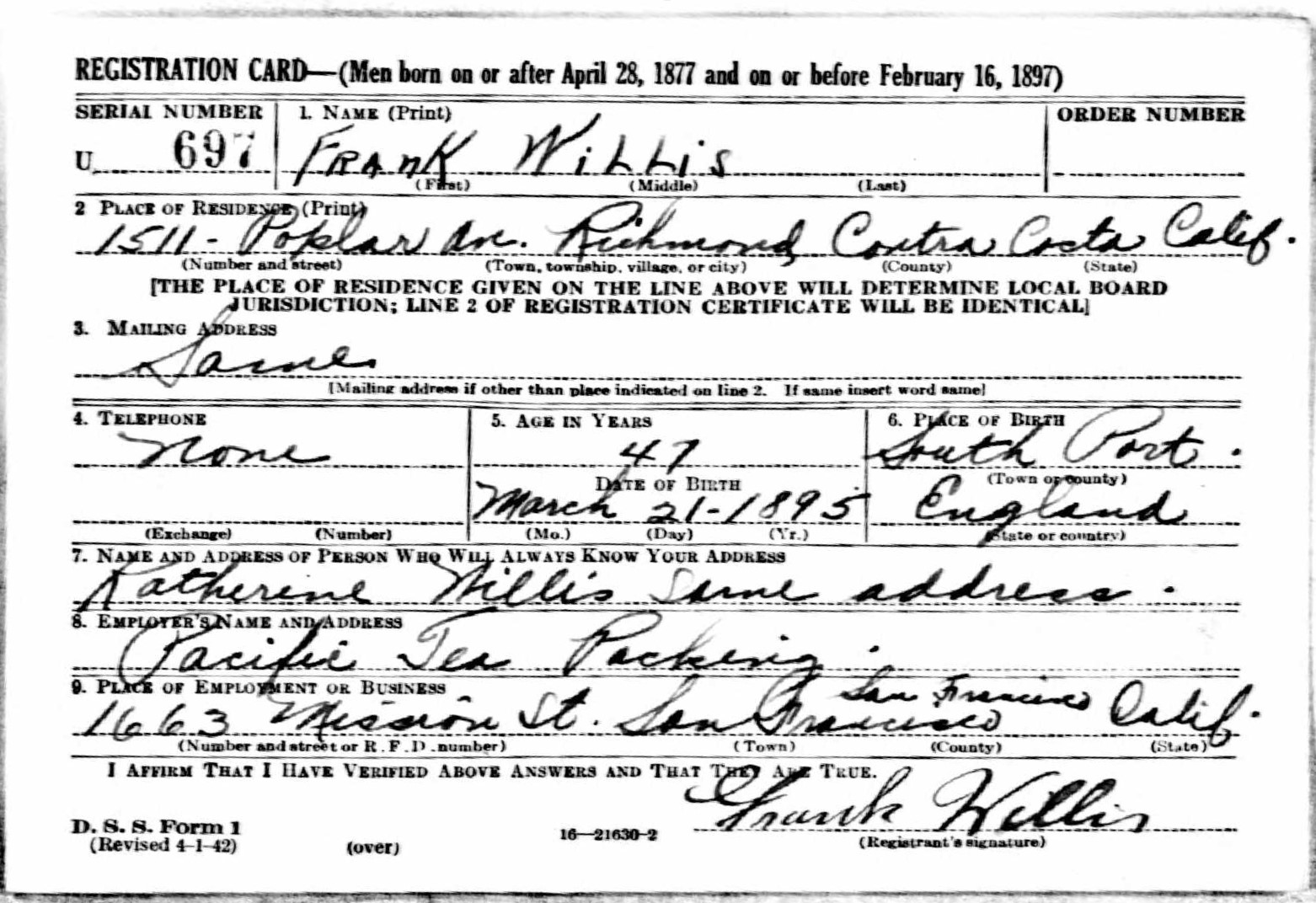 Draft registration card for Frank Willis