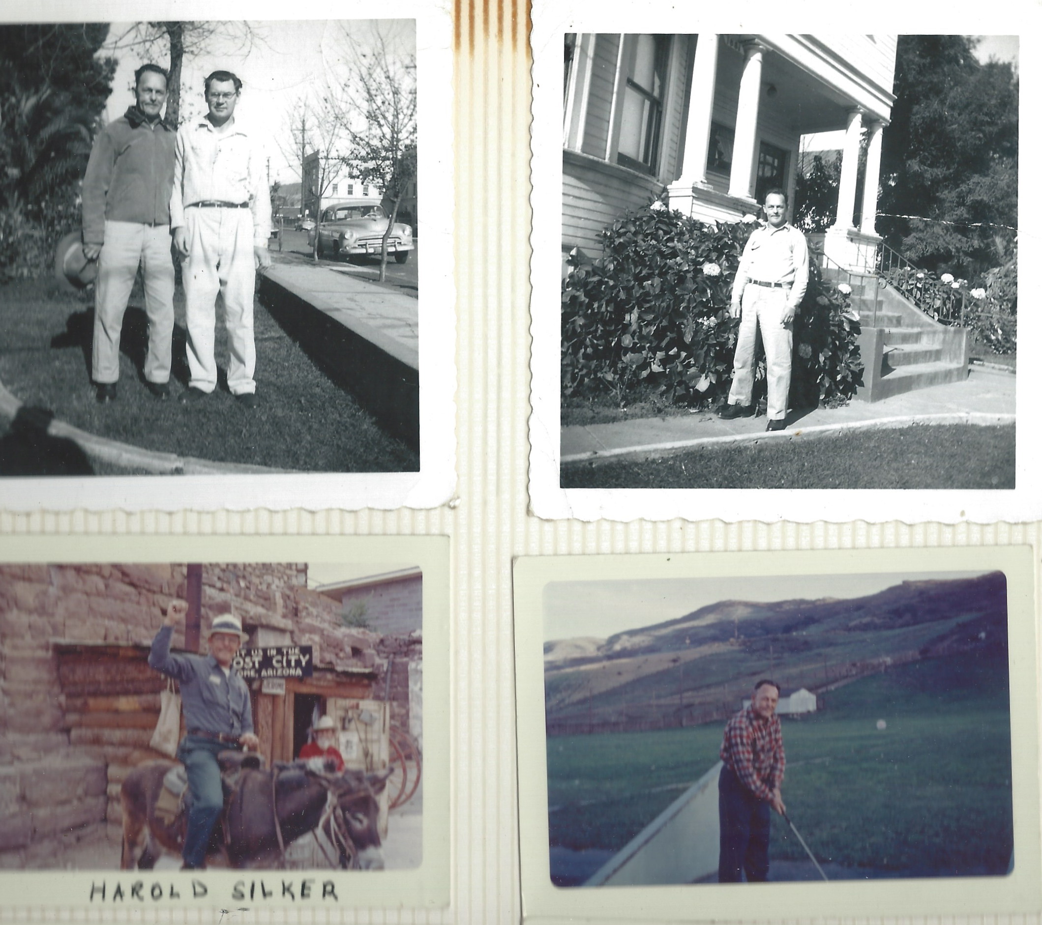 Page from an album with four photos, one of Harold and another unidentified man, one of Harold in front of a house, one of Harold riding a donkey, one of Harold golfing
