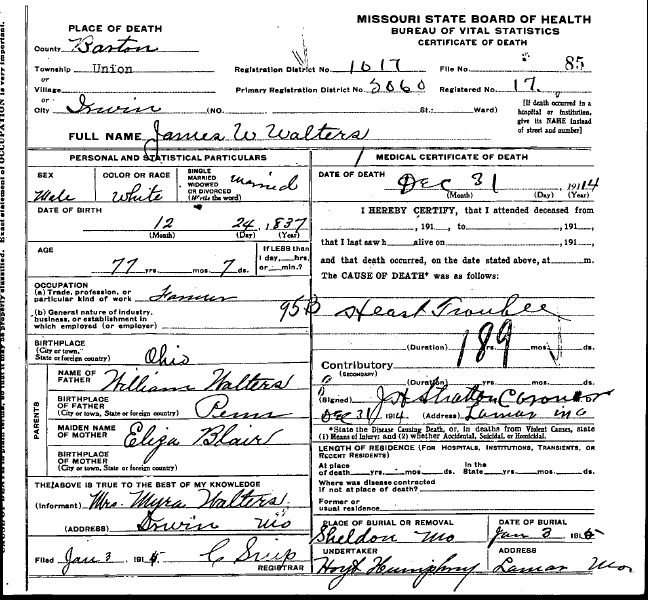 Death certificate for James Walters