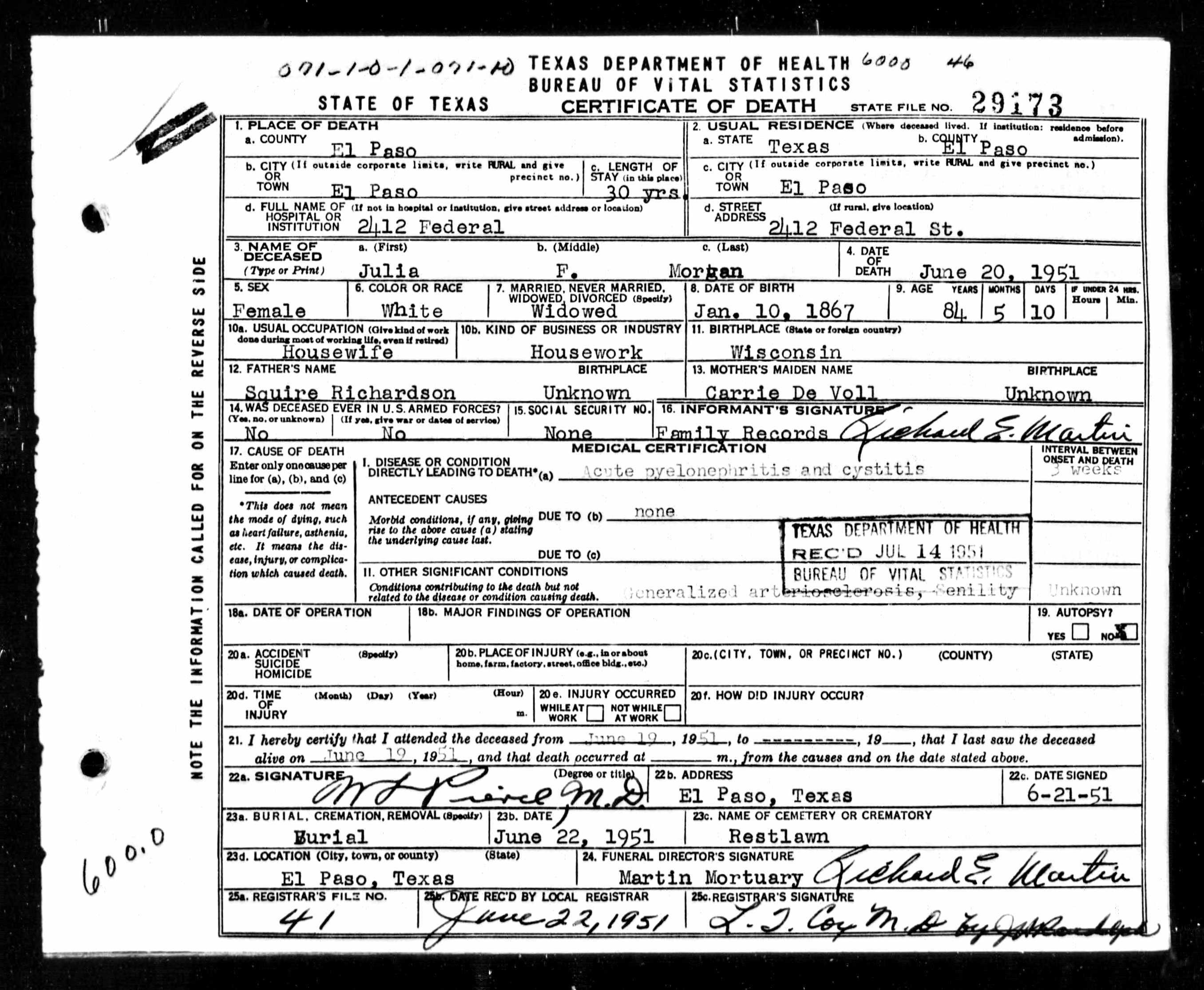 Death certificate of Julia F. Morgan