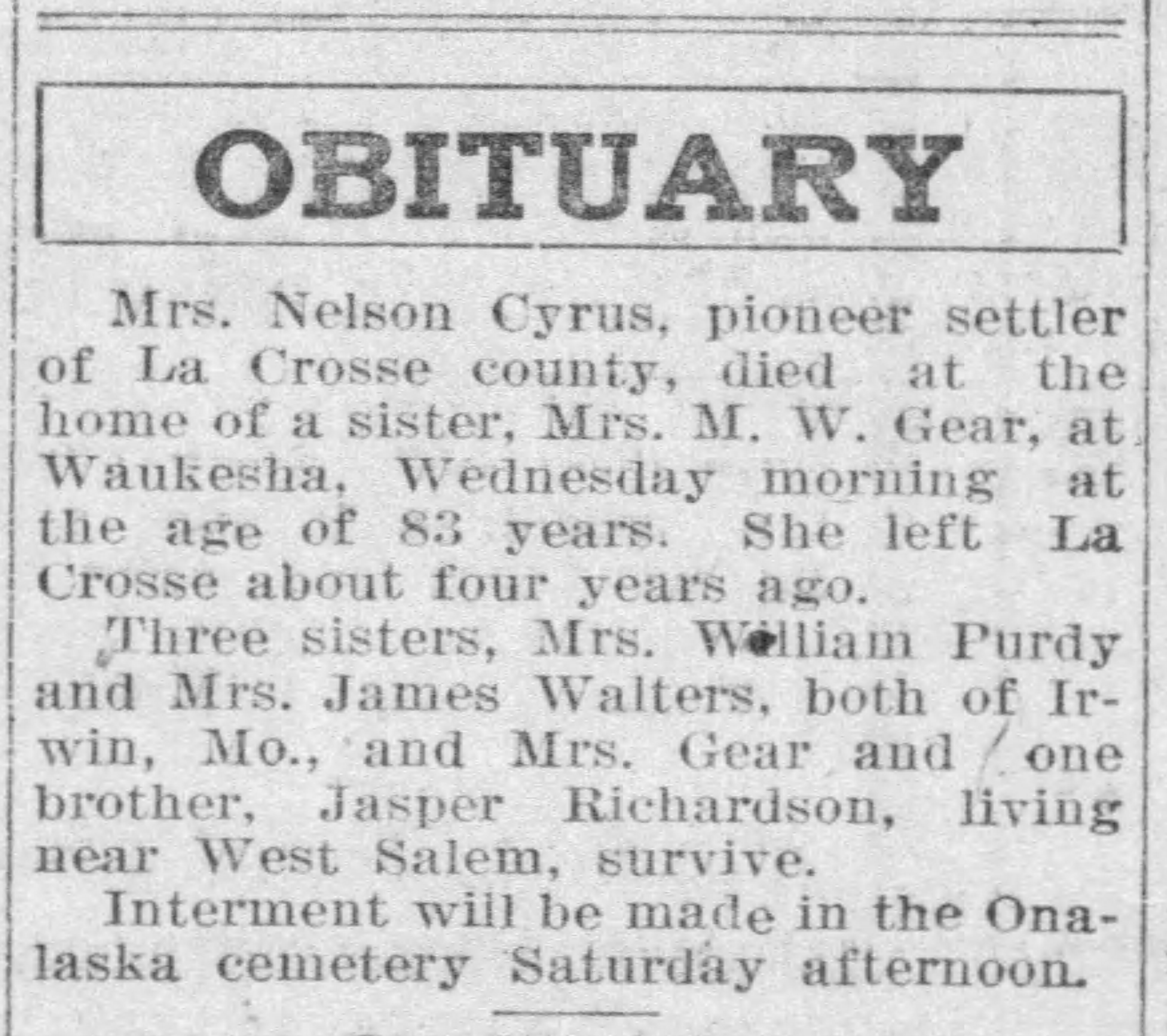 Obituary of Mrs. Nelson Cyrus