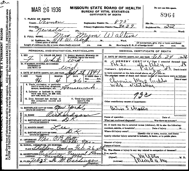 Death certificate for Myra Walters