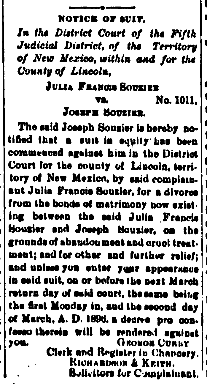 Notice of suit of Julia Francis Souzier vs. Joseph Souzier