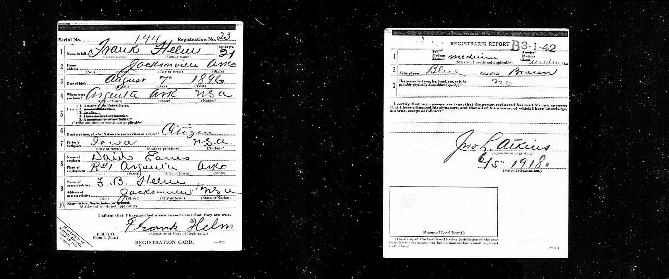 World War I draft registration card of Frank Helm