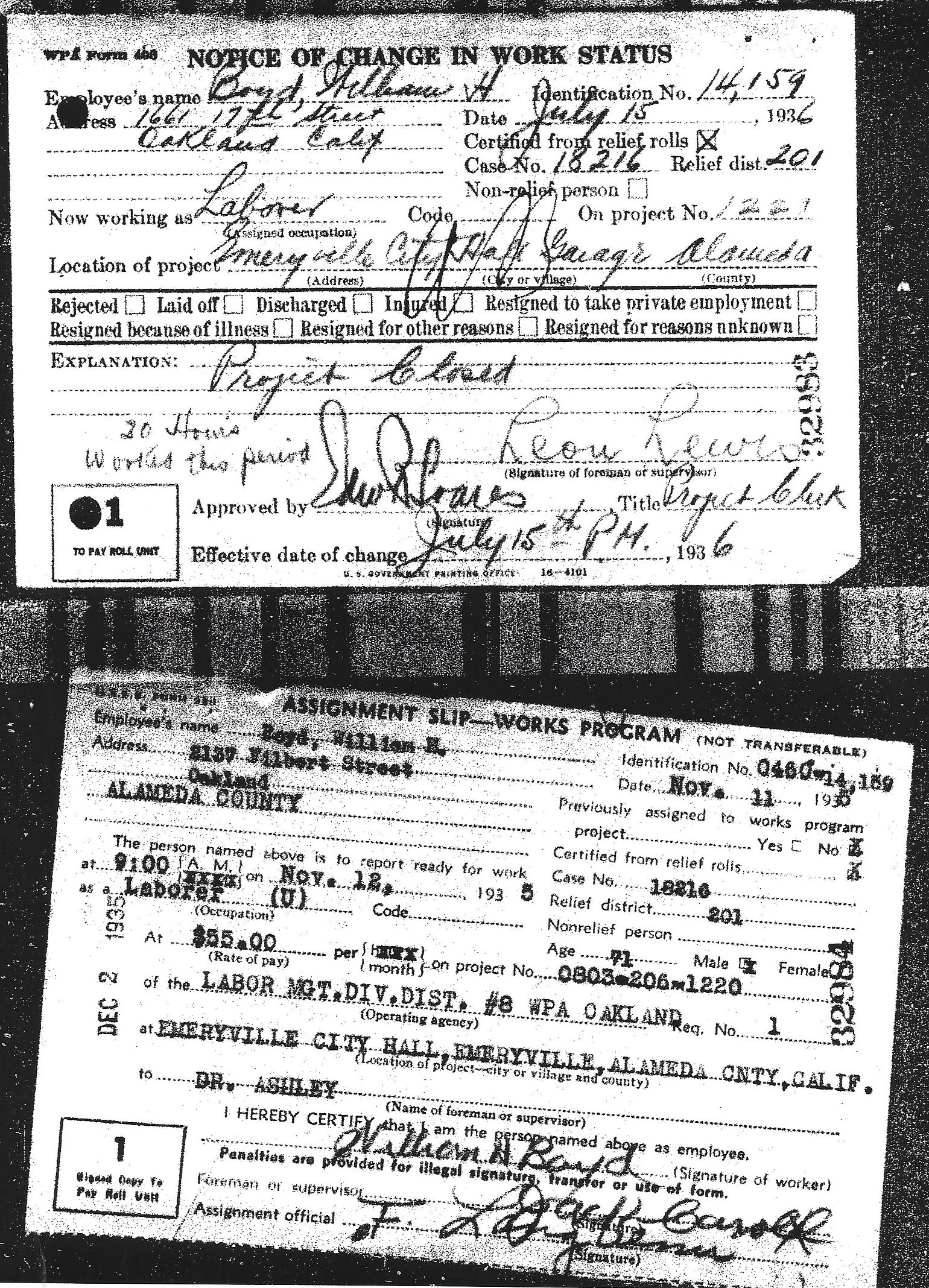Notice of change of work status and assignment slip of William H. Boyd