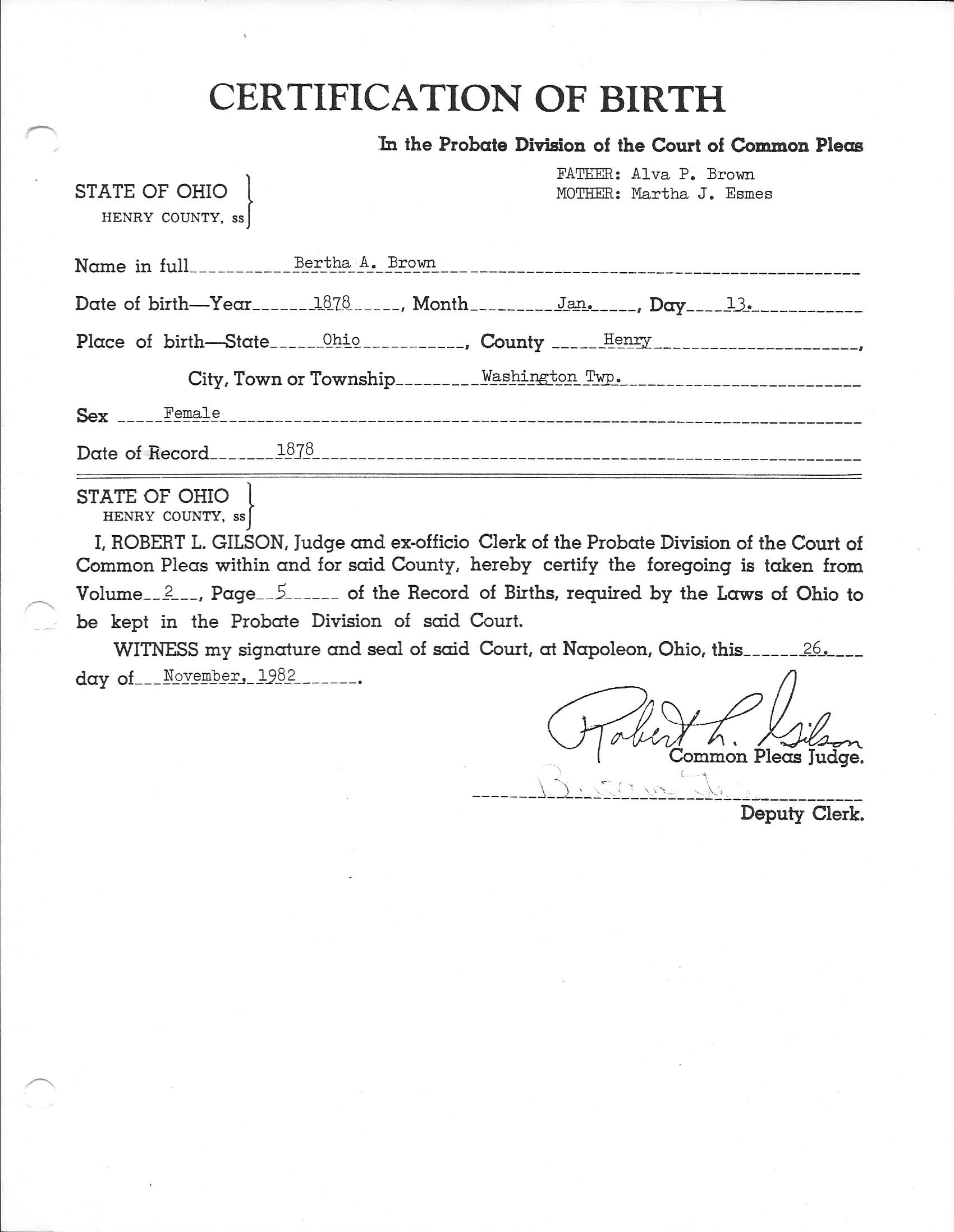 Birth certificate of Bertha A. Brown