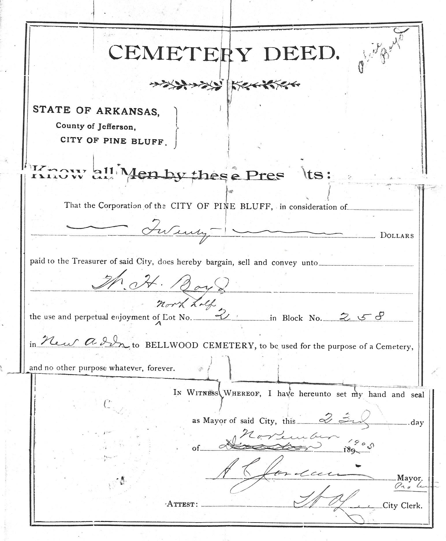 Cemetery deed for a plot purchased by W. H. Boyd
