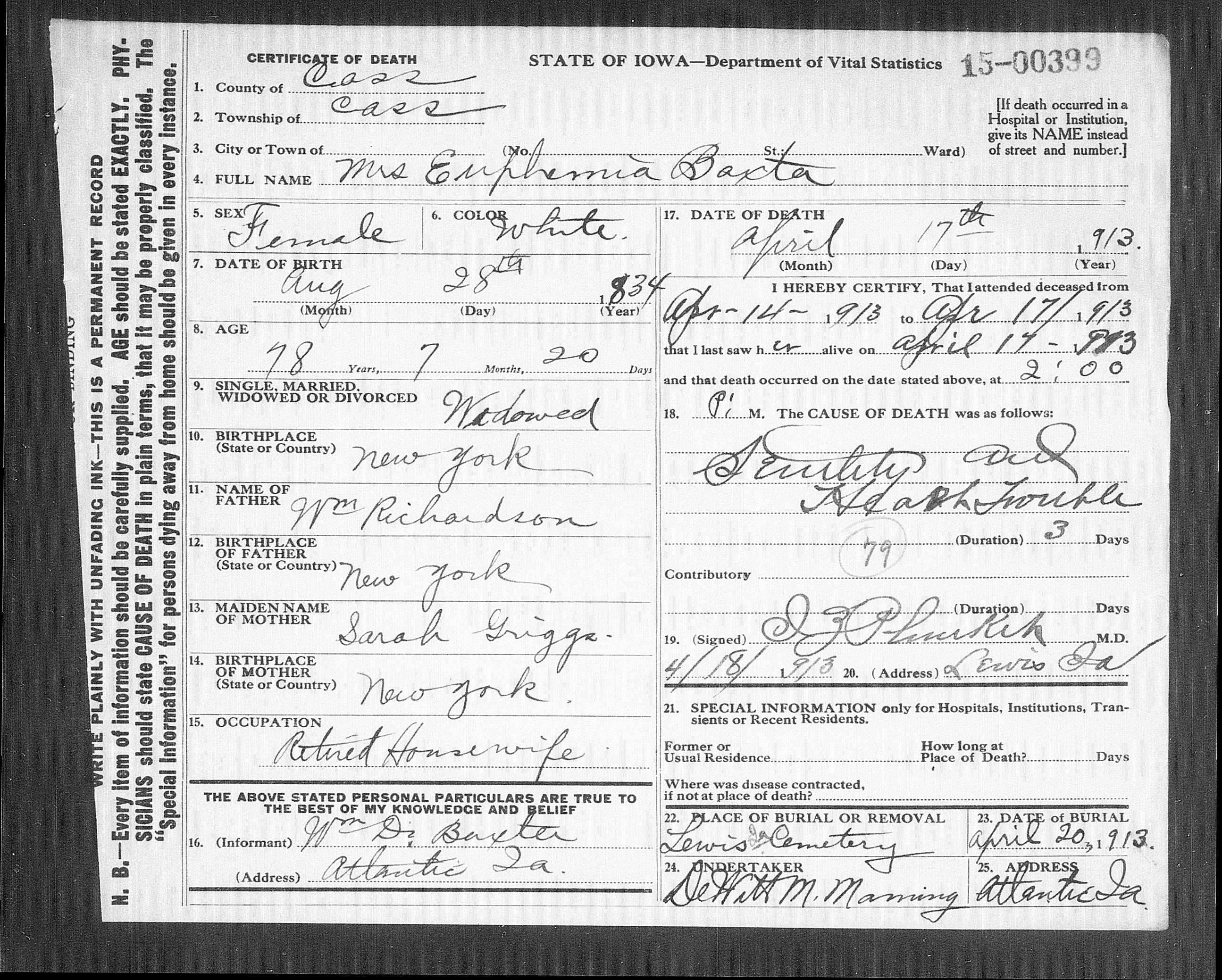 Death certificate of Mrs. Euphemia Baxter, giving William Richardson's wife's name as Sarah Griggs