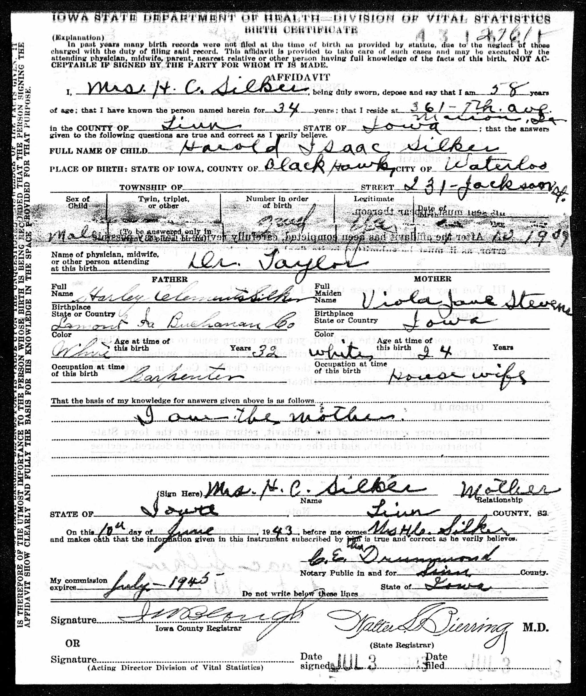 Delayed birth certificate of Harold Isaac Silker