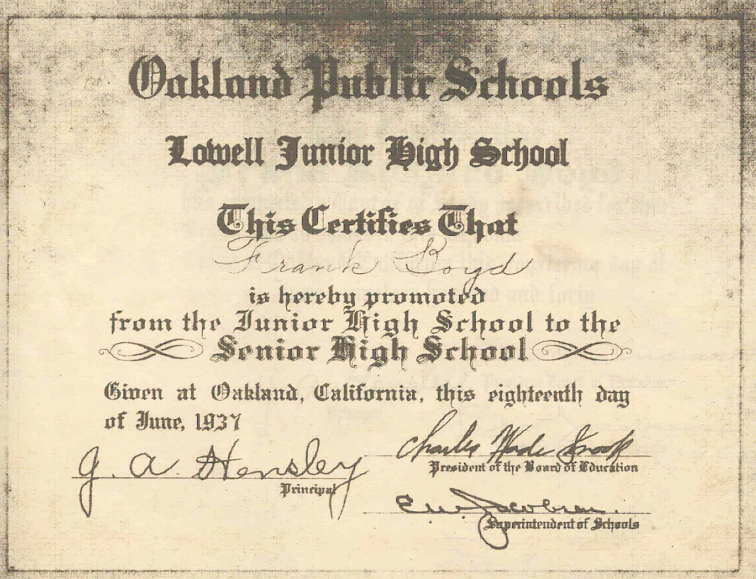 Junior high promotion certificate for Frank Boyd