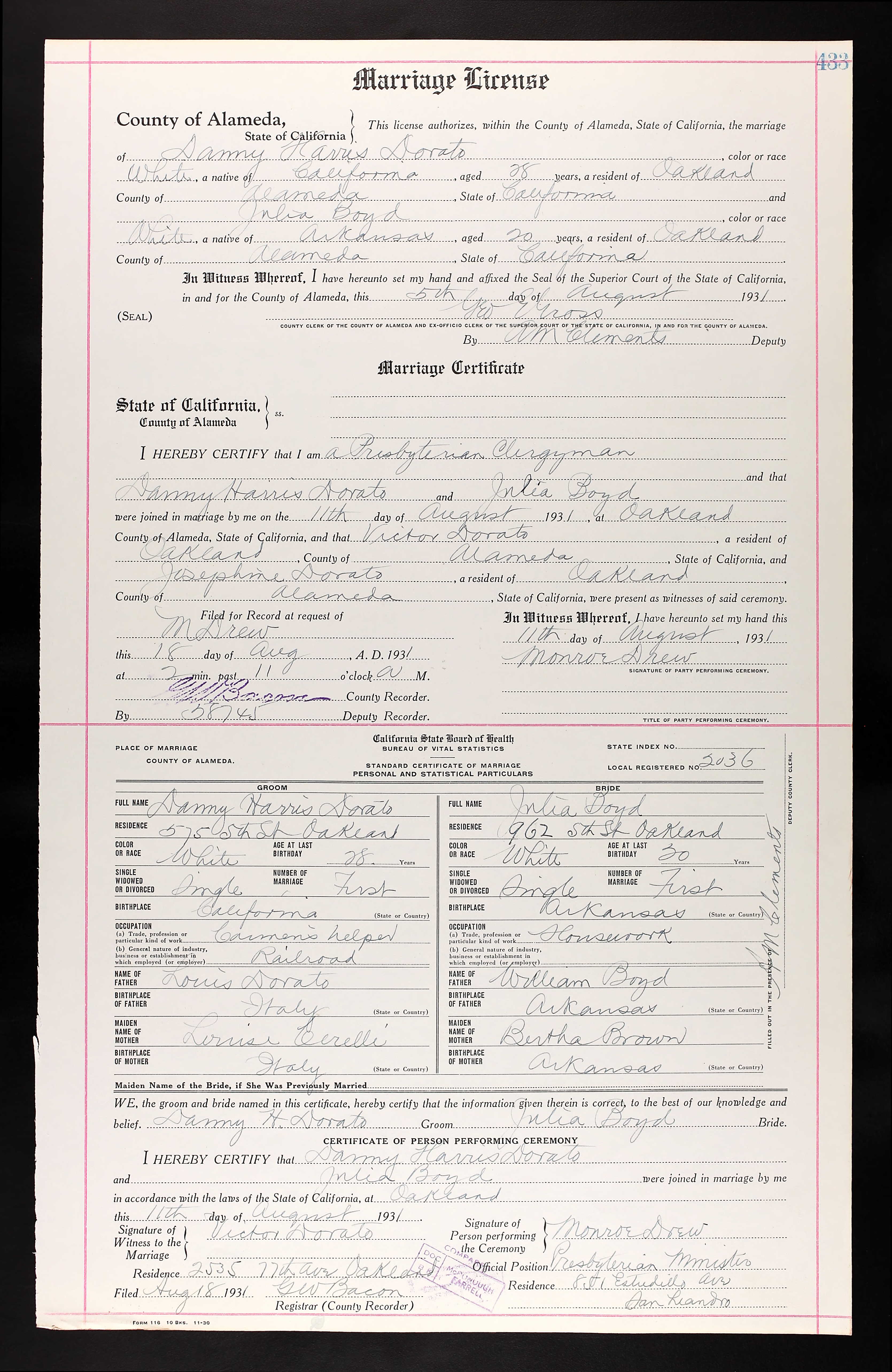 Marriage license and certificate of Danny Harris Dorato and Julia Boyd