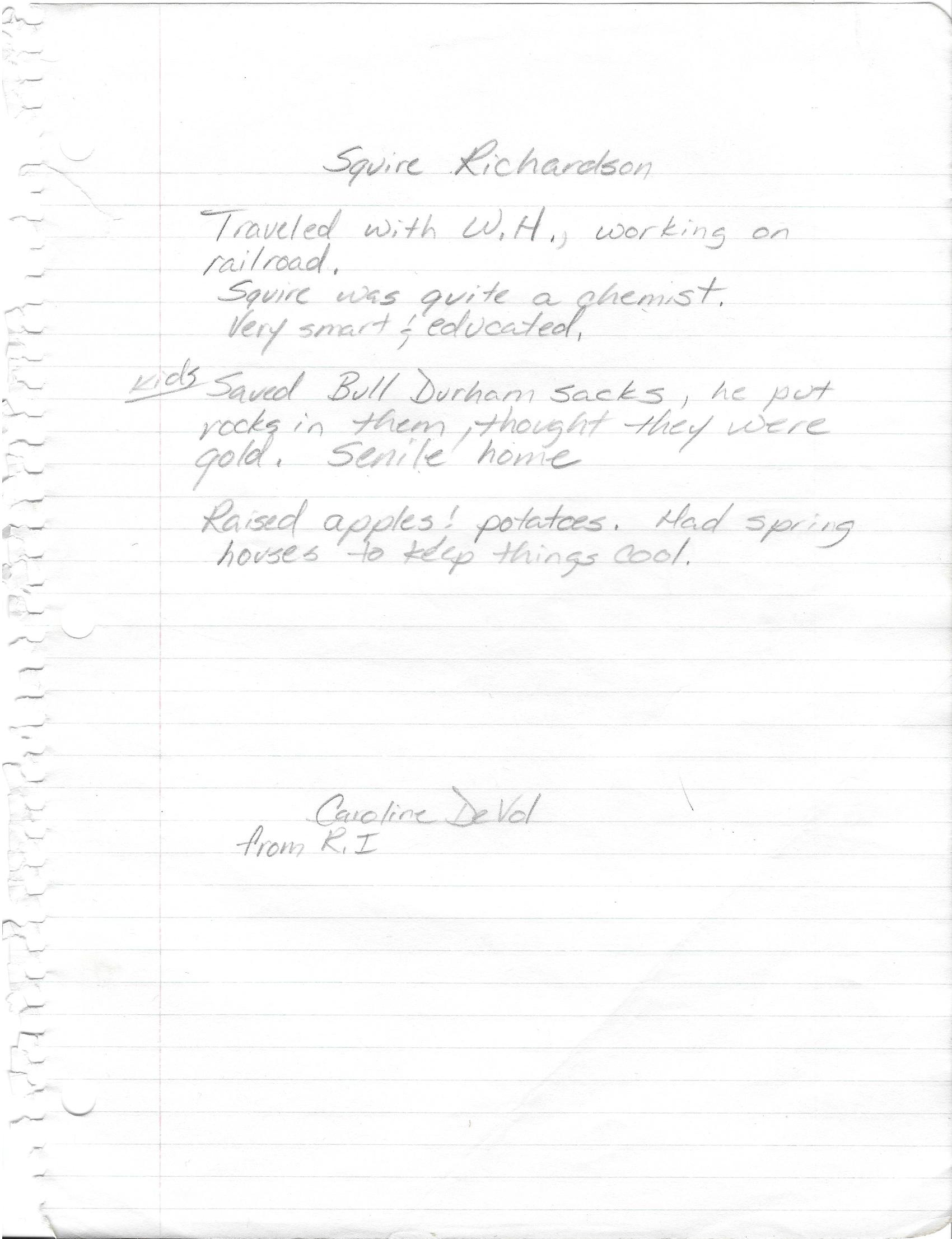 Handwritten notes about Squire and Caroline Richardson