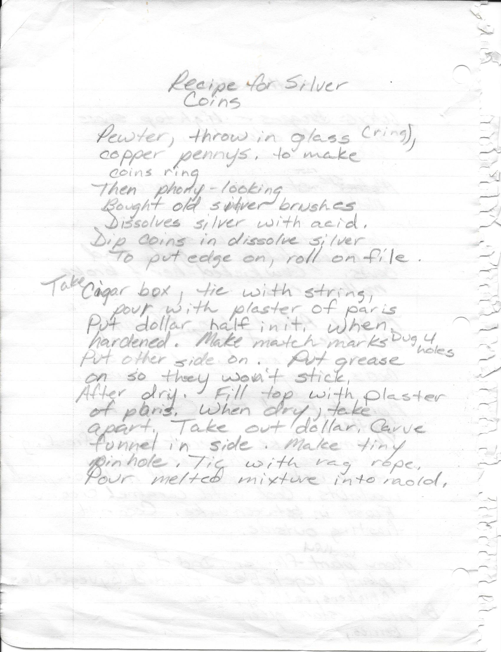 Handwritten notes about a recipe for silver coins