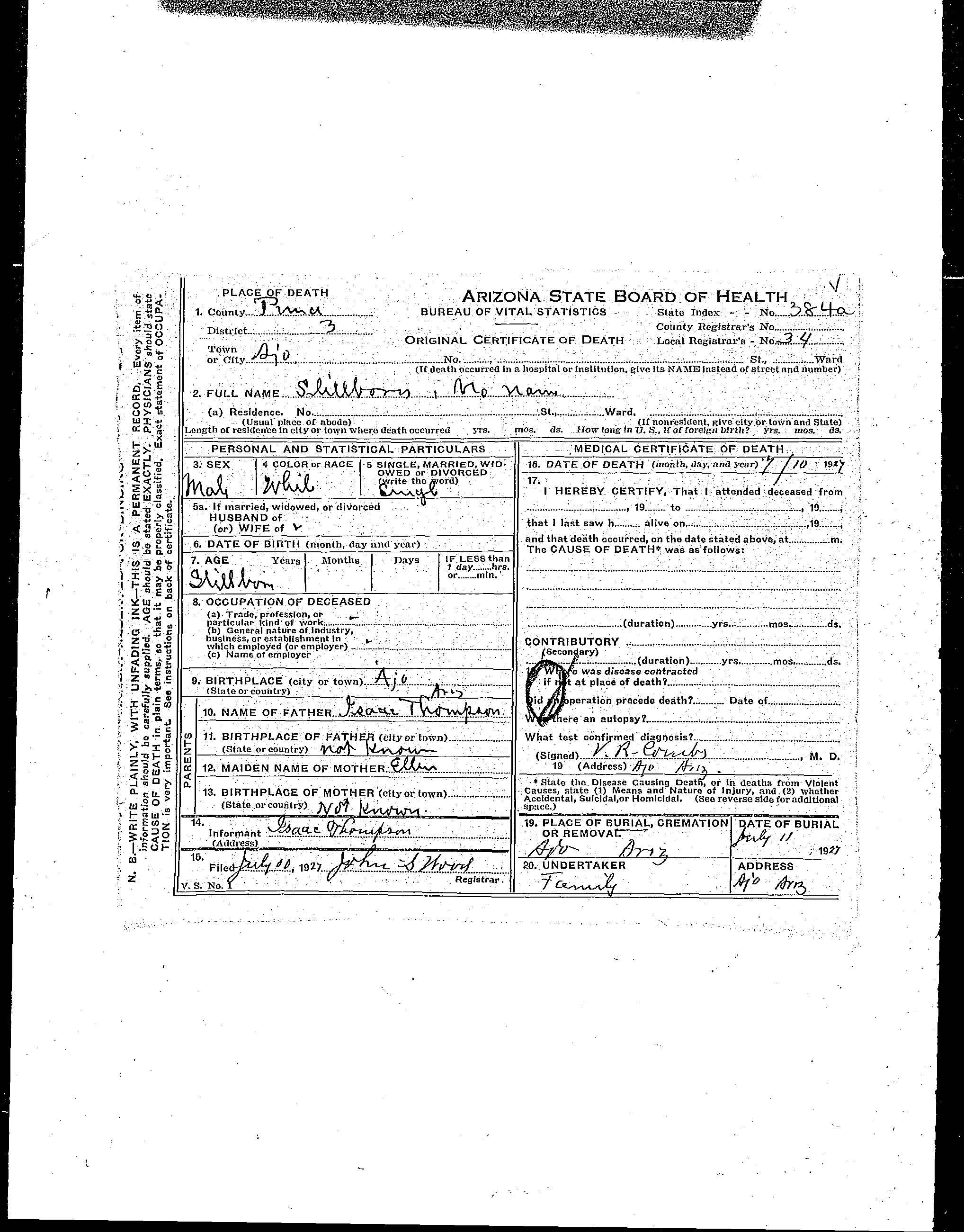 Death certificate of a stillborn son of Isaac and Ellen Thompson