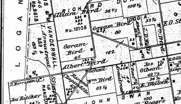 Detail of map showing William, Albert, and Goram Bird's lands