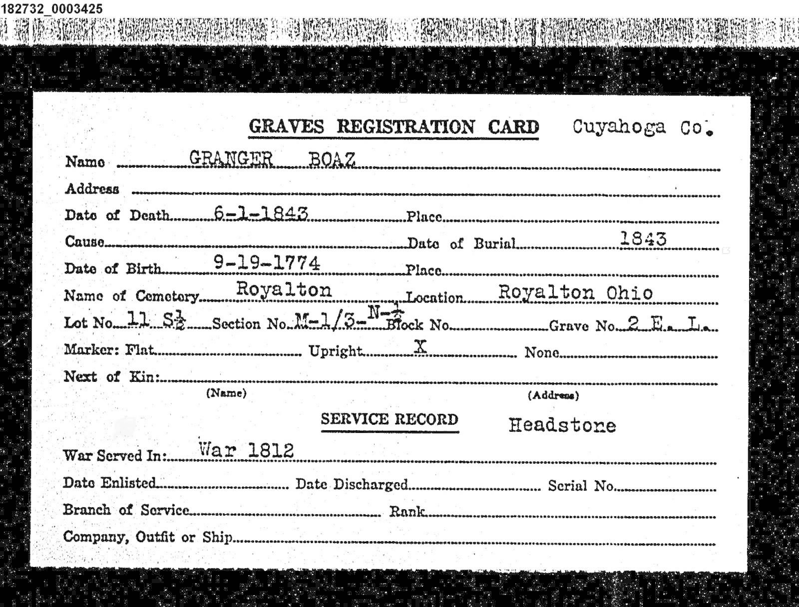 Soldier grave registration card for Boaz Granger