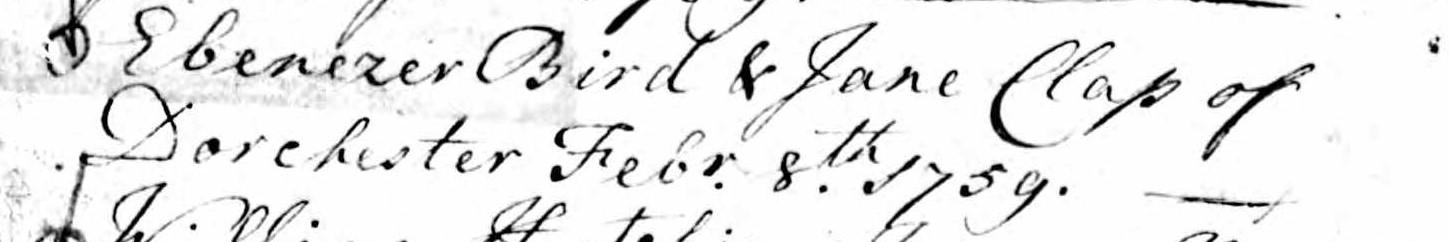 Marriage record of Ebenezer Bird and Jane Clap