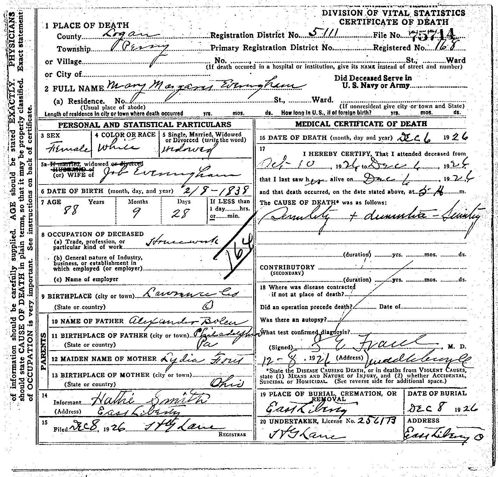 Death certificate of Mary Margaret Everingham