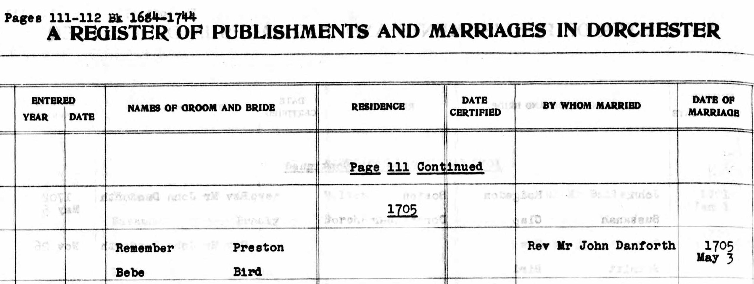 Marriage record of Remember Preston and Bebe Bird