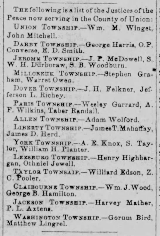 Article listing Justices of the Peace for Union County