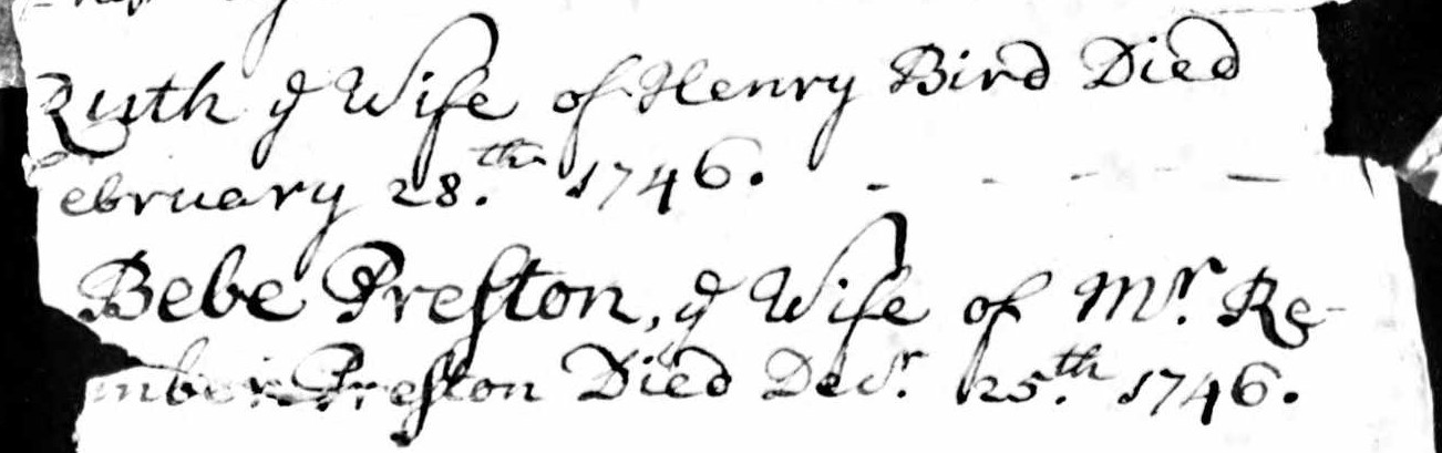 Death records of Ruth Bird and Bebe Preston