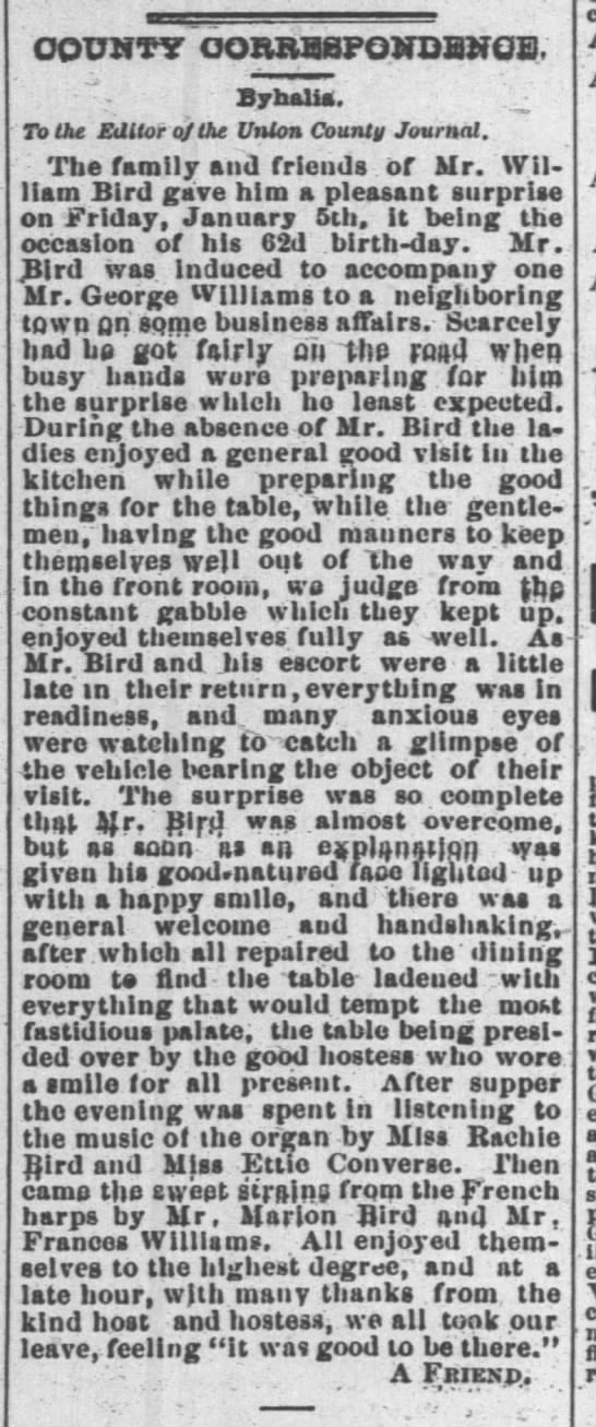 Article about a surprise birthday party for William Bird