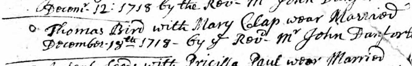 Marriage record of Thomas Bird and Mary Clap