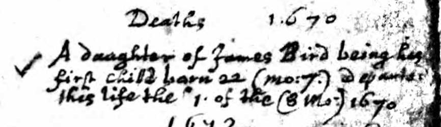 Death record of the daughter and first child of James Bird