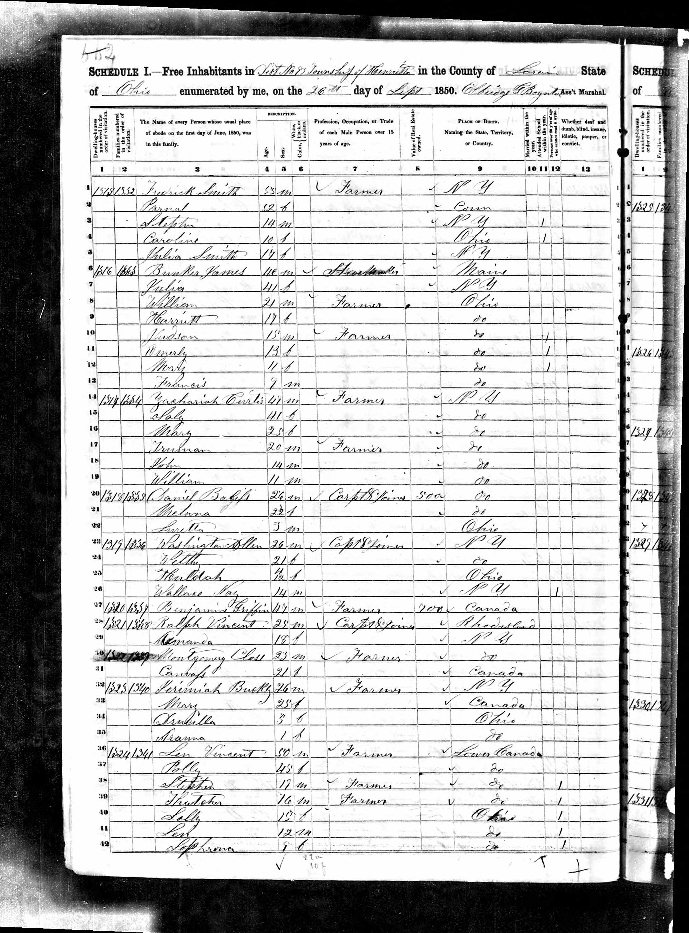 James Bunker household in 1850