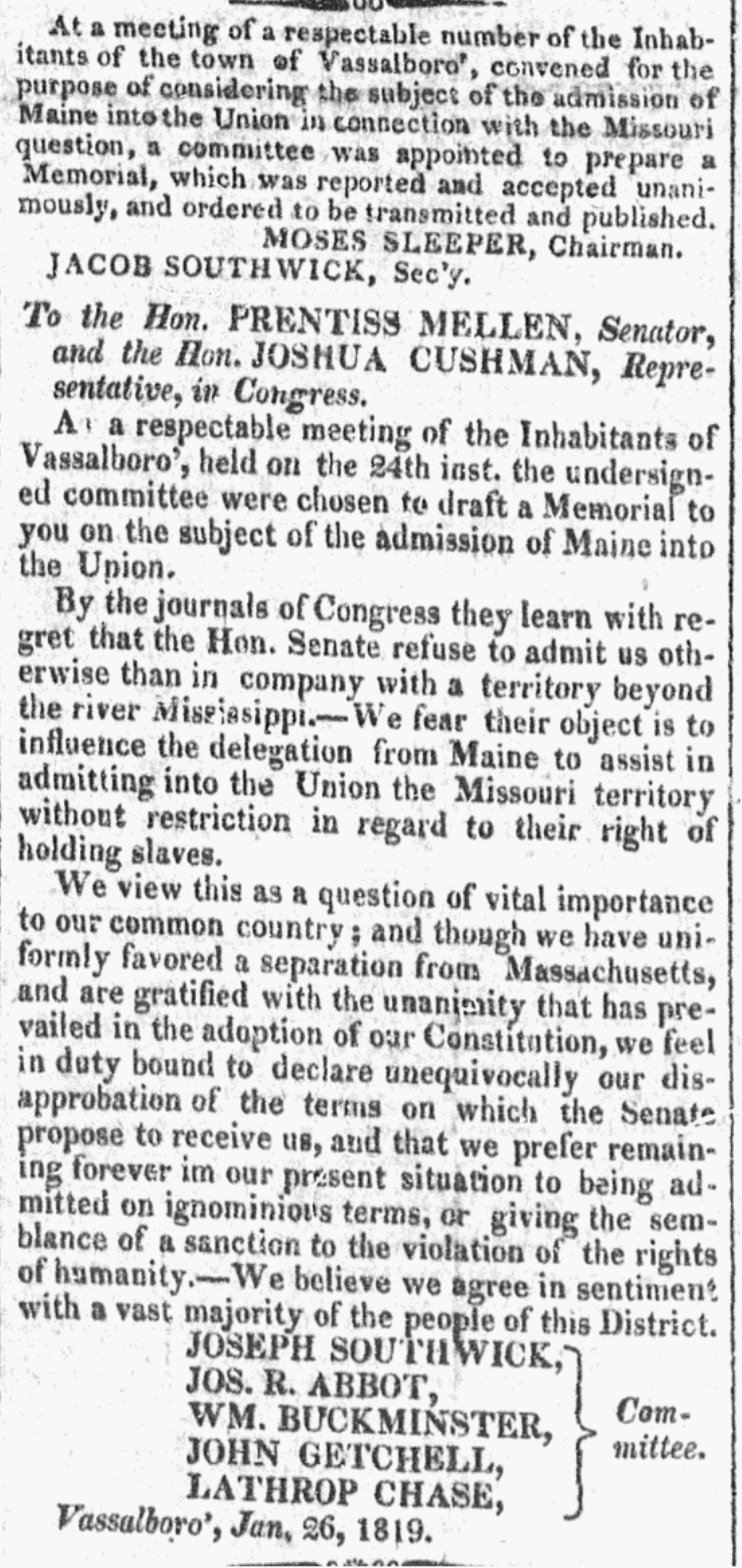 Report of a meeting of the town of Vassalboro and a letter opposing the Missouri Compromise, signed by John Getchell and others