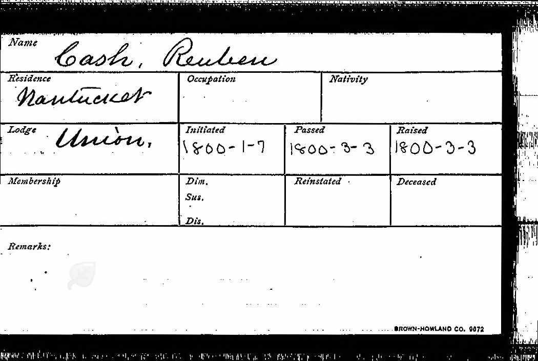 Mason membership card for Reuben Cash