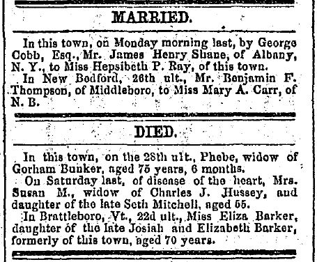 Article mentioning local deaths, including that of Phebe, widow of Gorham Bunker