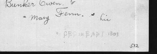 Pallot's Marriage Index entry for the marriage of Owen Bunker and Mary Fenn