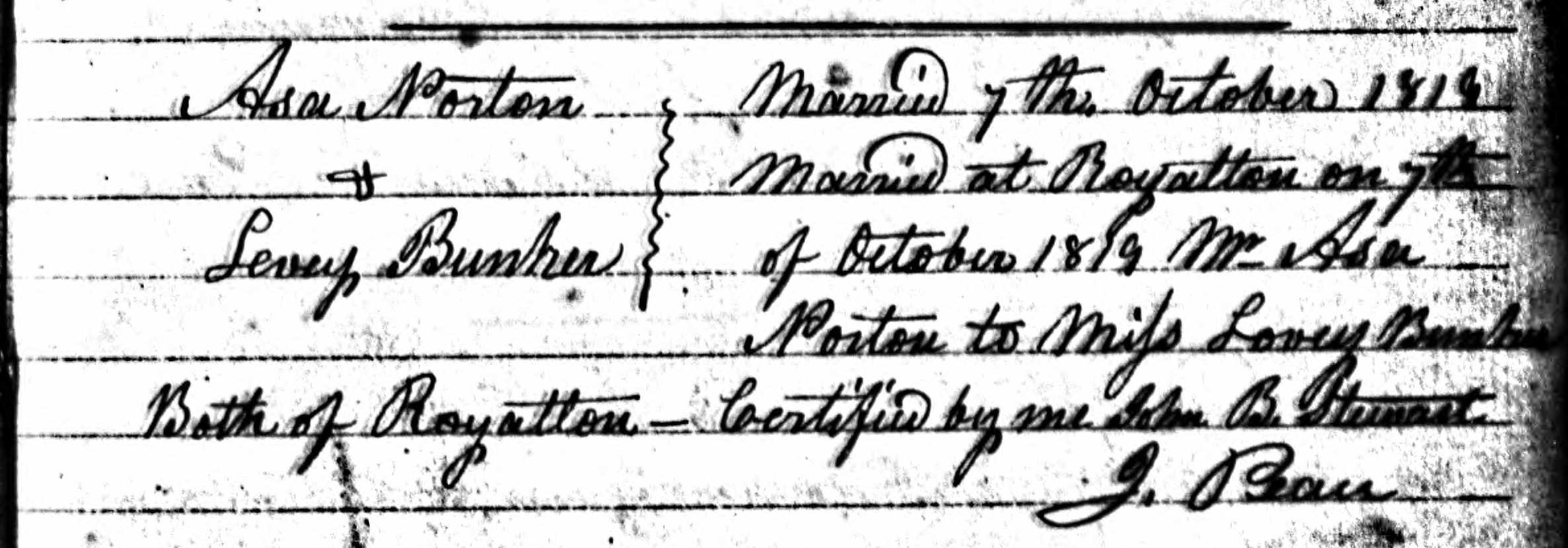 Marriage record of Asa Norton and Lovey Bunker
