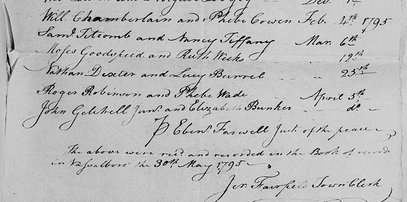Marriage record of John Getchell and Elizabeth Bunker