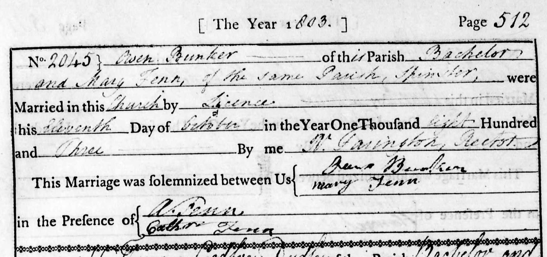 Marriage record of Owen Bunker and Mary Fenn